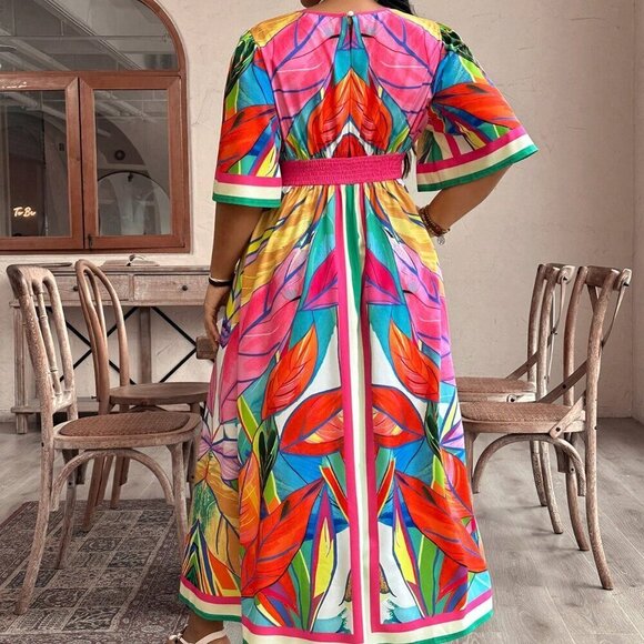 Multicolor Boho Women's Plus Size Vacation Casual Plant Printed High-Waist Long - Picture 3 of 6
